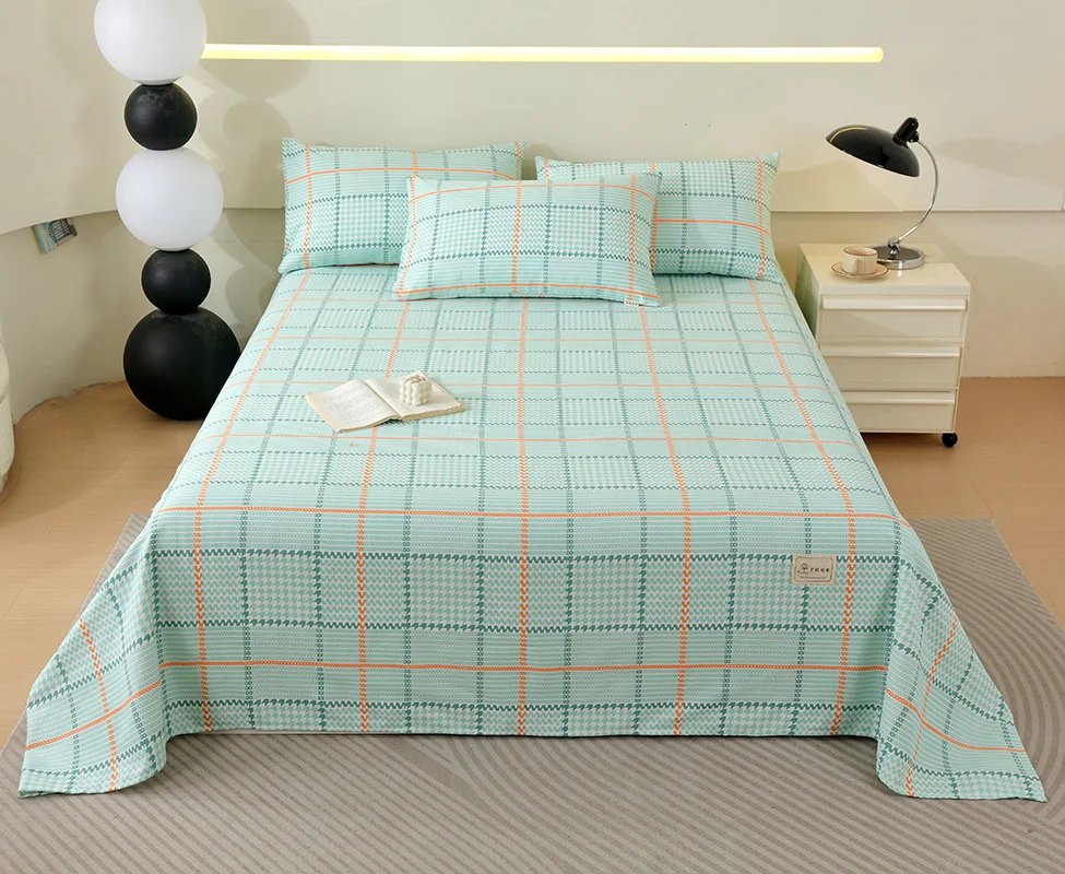 

Cotton Breathable Wavy Line Thickened Bed Sheet Set, Blue and Orange Printed Soft Bedding with 2 Pillowcases for Home Hotel