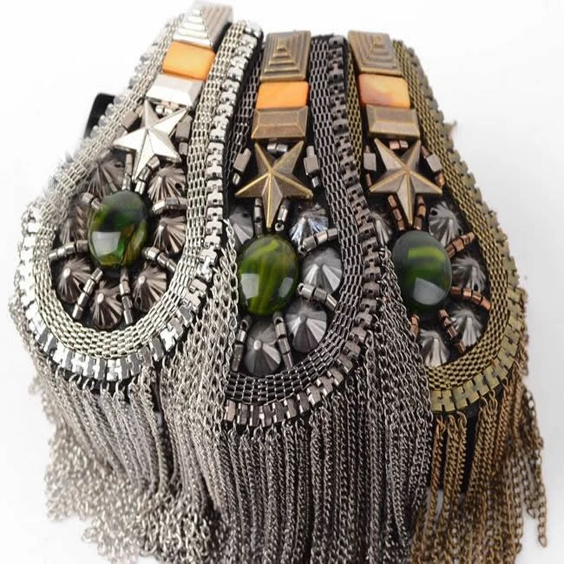 Vintage PUNK cool quality black fivestar spike tassel  epaulet brooch badge home decor