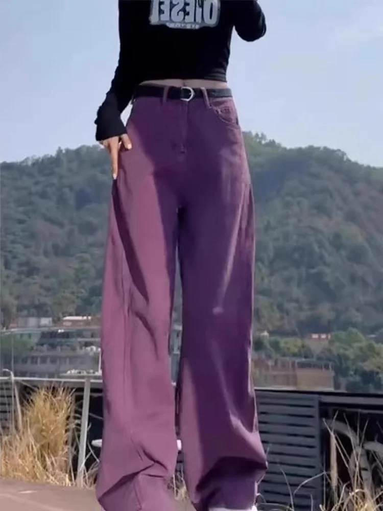 Cintura alta solta ajuste jeans feminino bell bot primavera 2025 novo sle faca americana longo roxo calças de perna larga