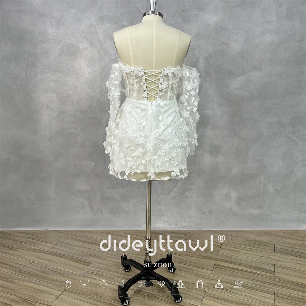 

DIDEYTTAWL Real Photo Customized Off Shoulder 3D Floral Appliques Tulle Long Sleeve Short Length Party Evening Dress Lace Up