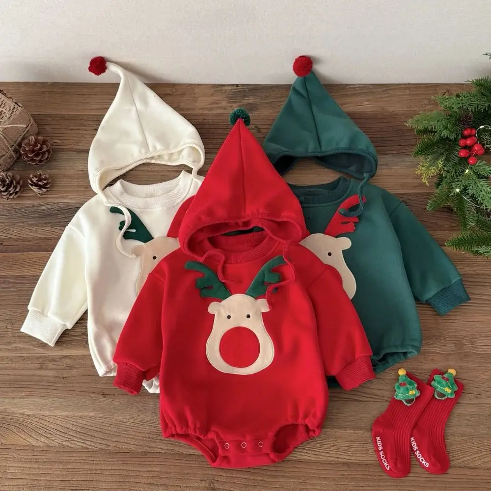 

New Deer Embroidery Christmas Romper with Hat Cartoon Newborn Bodysuits Thicken Newborn Clothes Boys Girls