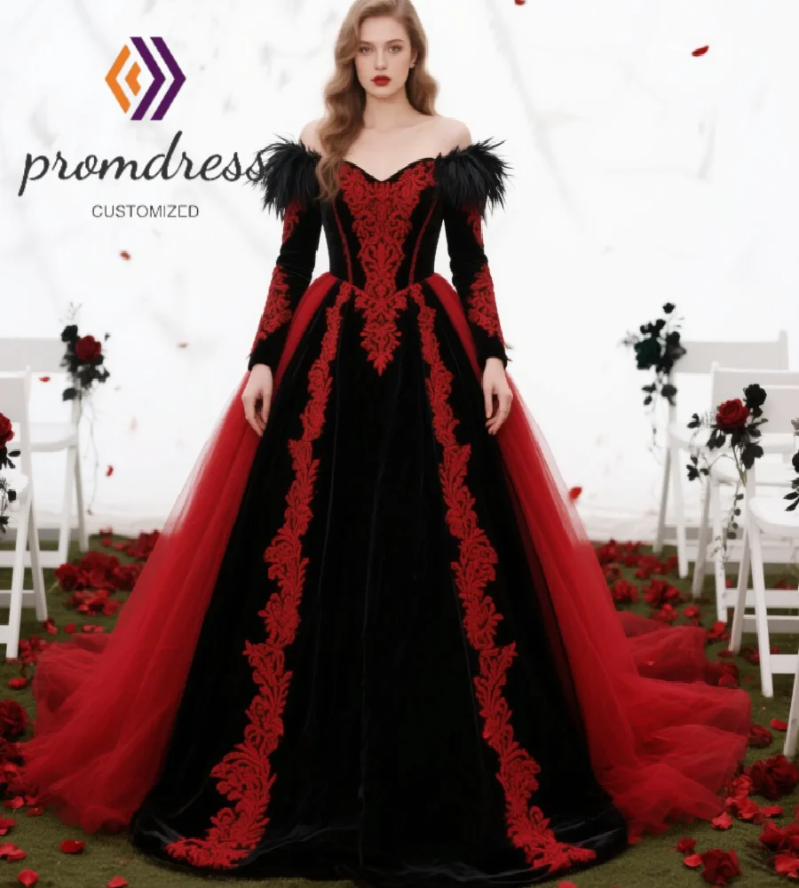 

Victorian Vampire Red And Black Wedding Dress With Feather Medieval Elegant Long Sleeve Lace Bridal Gowns 2026 Fairytale Bride