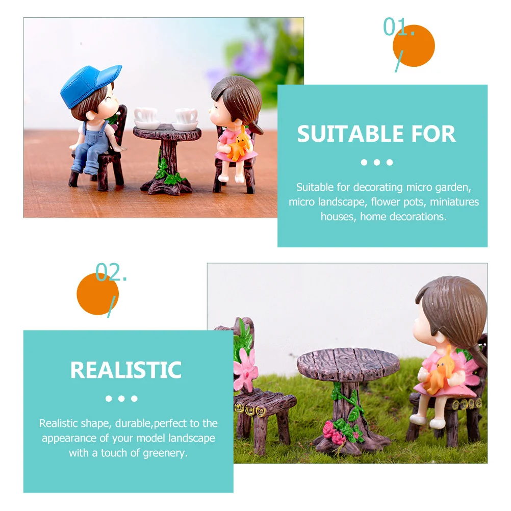 2 Sets Miniaturmöbel-Tischstuhl-Set aus Kunstharz, perfekt für Micro Bonsai Garden Mini-Heimdekorationszubehör