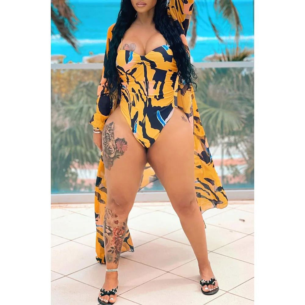 Plus Size Yellow Casual All Over Print Cover Up Vacation Swimsuit