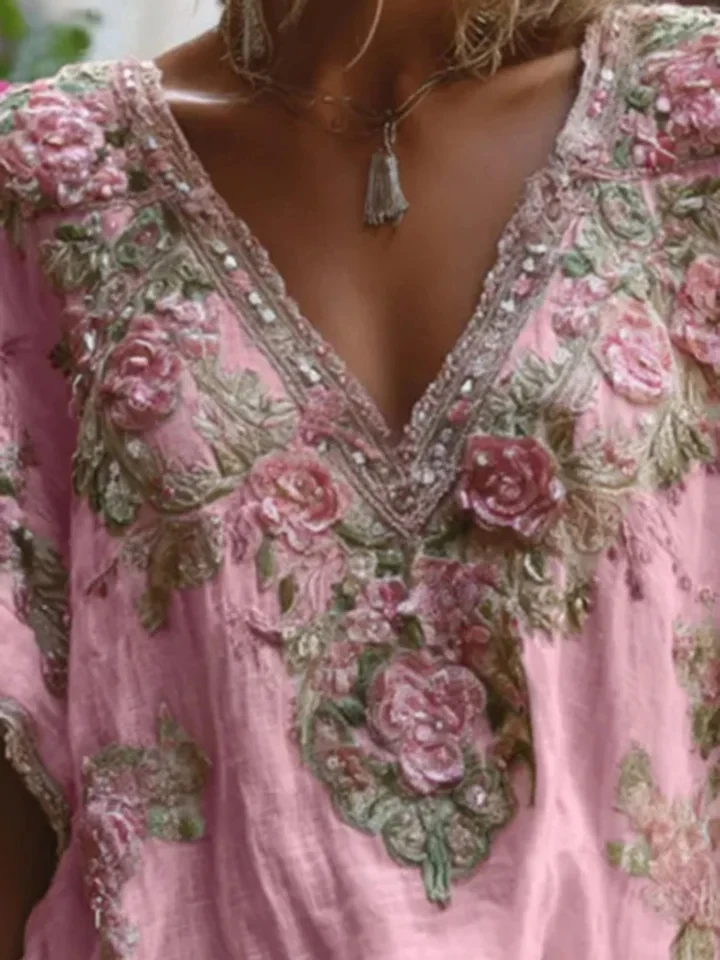 

Fashion Stereoscopic Floral Print Loose Tops Casual V-neck Short Sleeve Tee-shirts Summer New Contrast Color Commute Lady Blouse