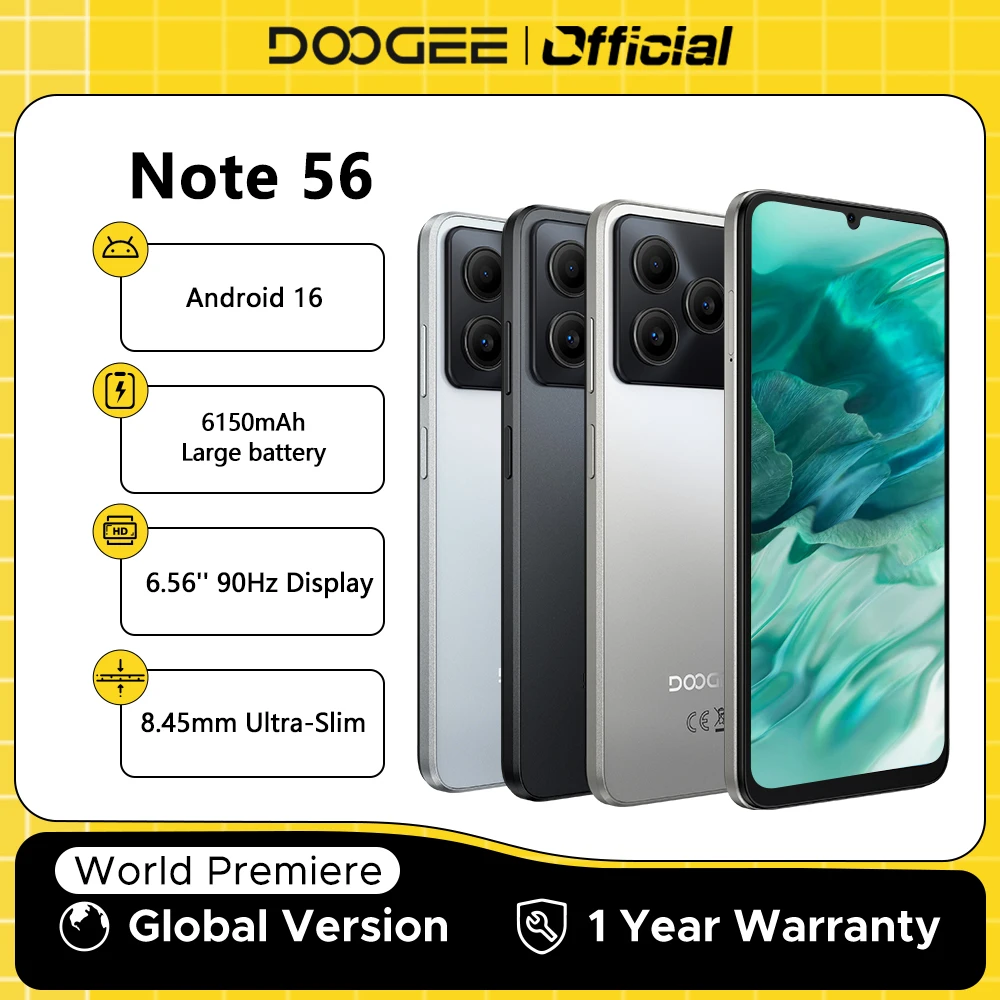 الإصدار العالمي DOOGEE Note 56 الهاتف الذكي أندرويد 16 6150mAh بطارية كبيرة 6.56 بوصة 90 هرتز عرض 24 جيجابايت 64 جيجابايت الهاتف المحمول