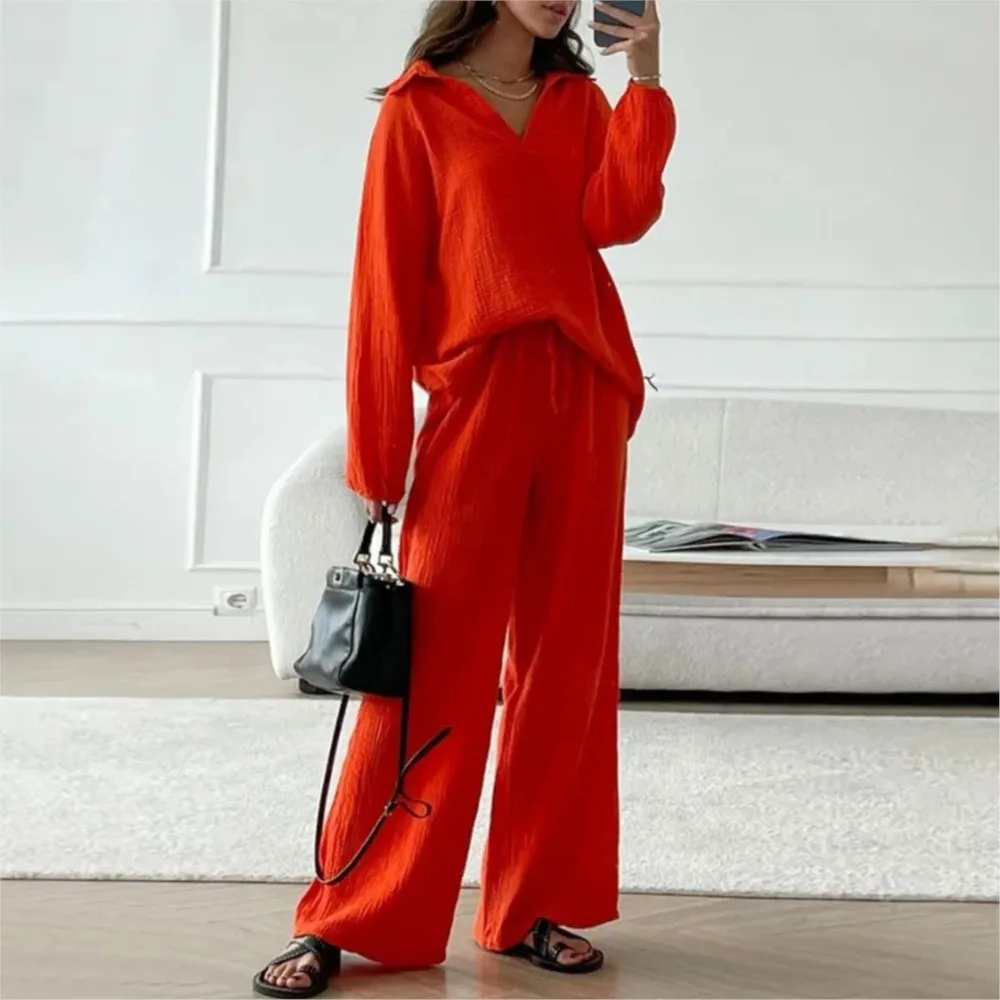 Elegant Women\'s Casual Loose Suit 2024 Ladies Lapel Long Sleeved Top+drawstring Pants Autumn Two-piece Set Conjuntos Femininos