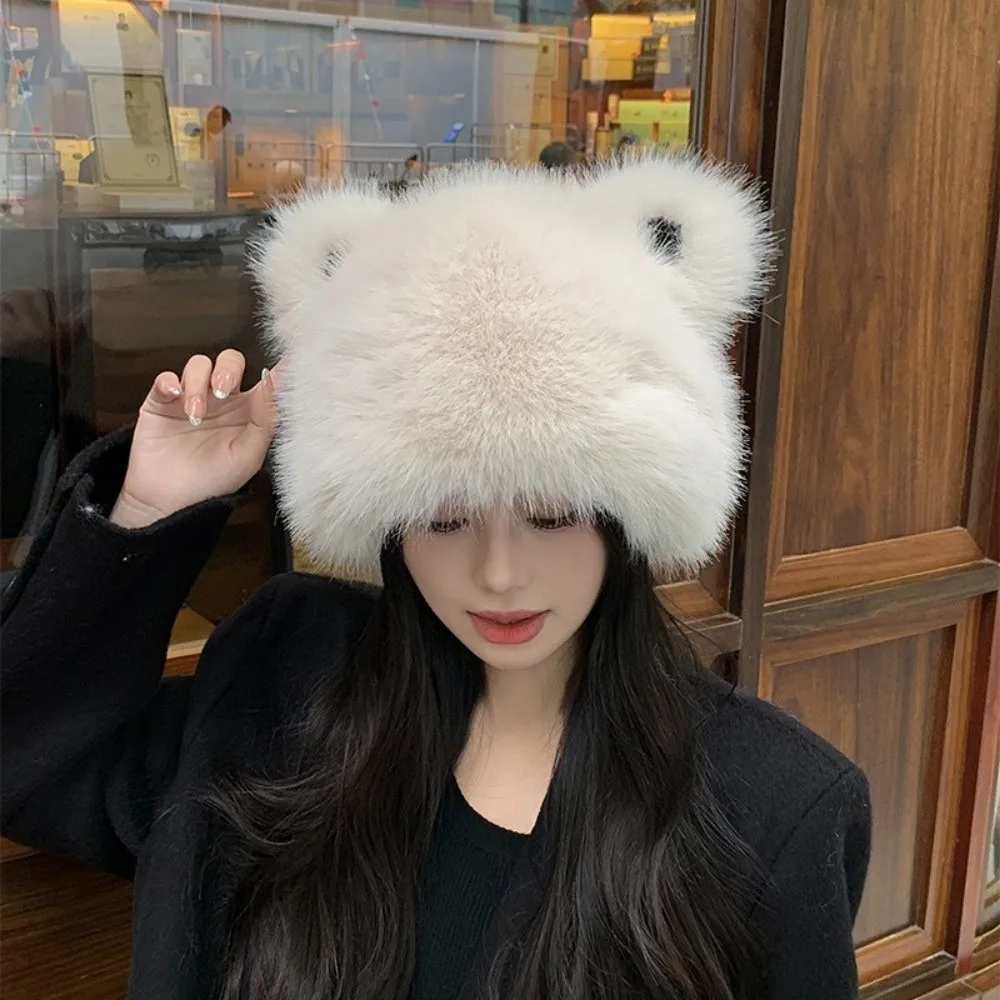 Berretto di pelliccia con orecchio d'orso senza tesa alla moda Cappello di pelliccia da donna soffice e addensato Mantieni caldo il berretto da pescatore in tinta unita autunno e inverno