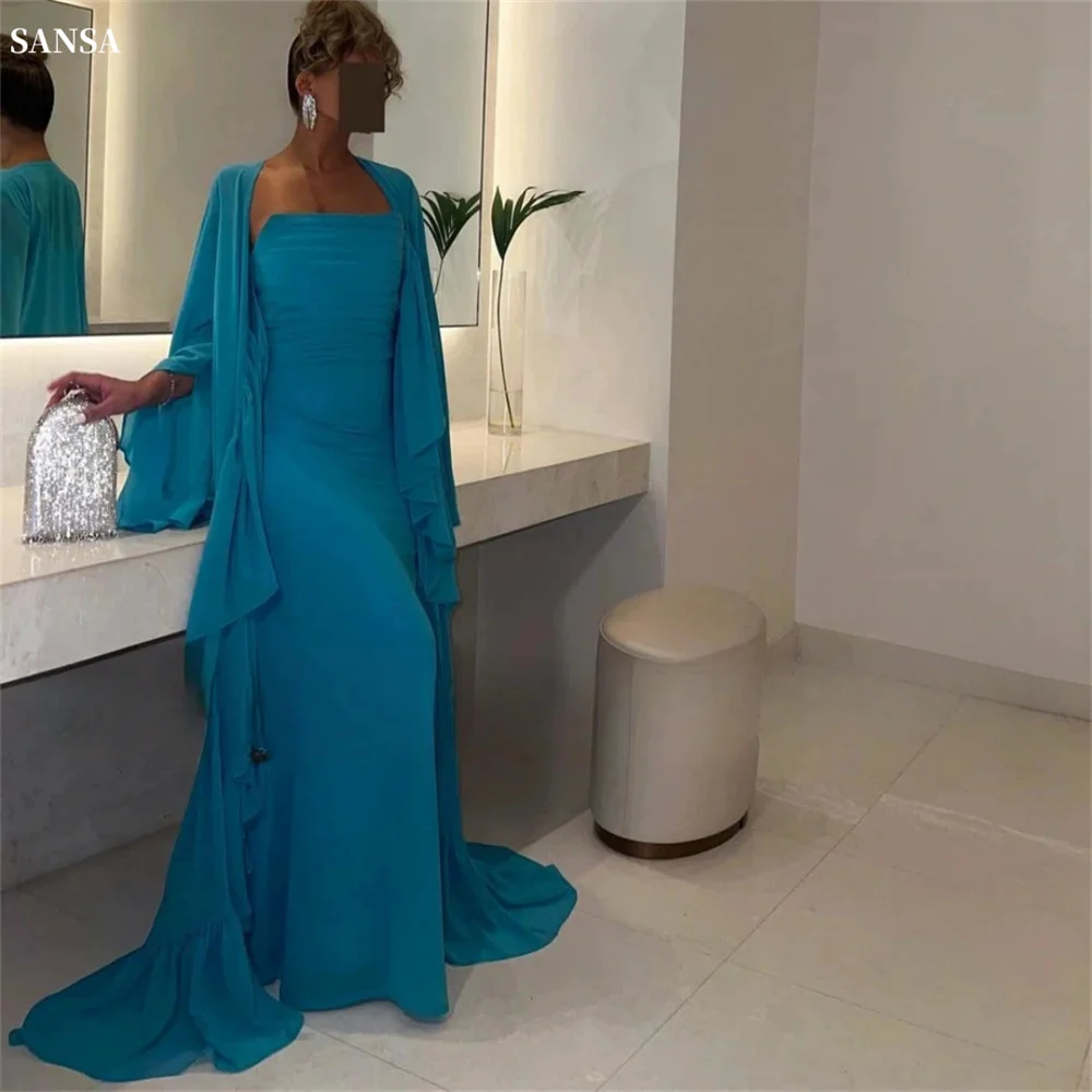 Sansa Elegant Blue Long Sleeved Prom Dresses Square Collar Pleats Shawl Vestidos de fiesta Mermaid Floor-Length فساتين سهرة2024