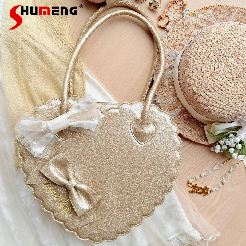 

Shiny Heart Shape Lolita Bag Retro Style Shopping Bags Beautiful Vintage Sweet Lace Ruffle Bow Decor Handbag For Women Girls