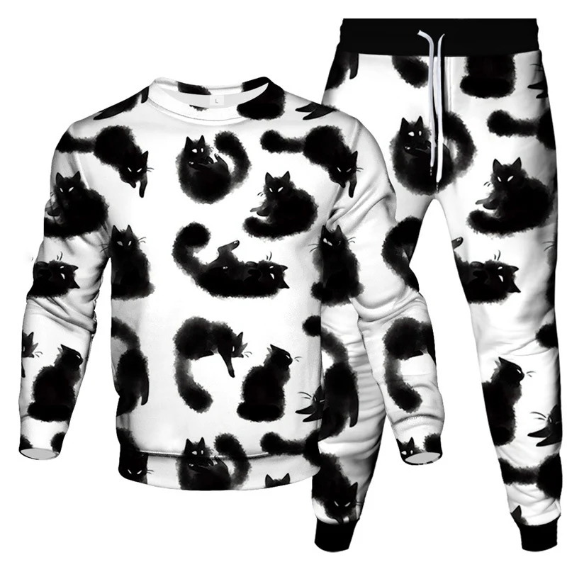 Fashion Funny Animal Cat 3D Print Men\'s Sportswear Set Long-Sleeved T Shirt Pants 2-Piece Set Oversized Pullover Men Clothing