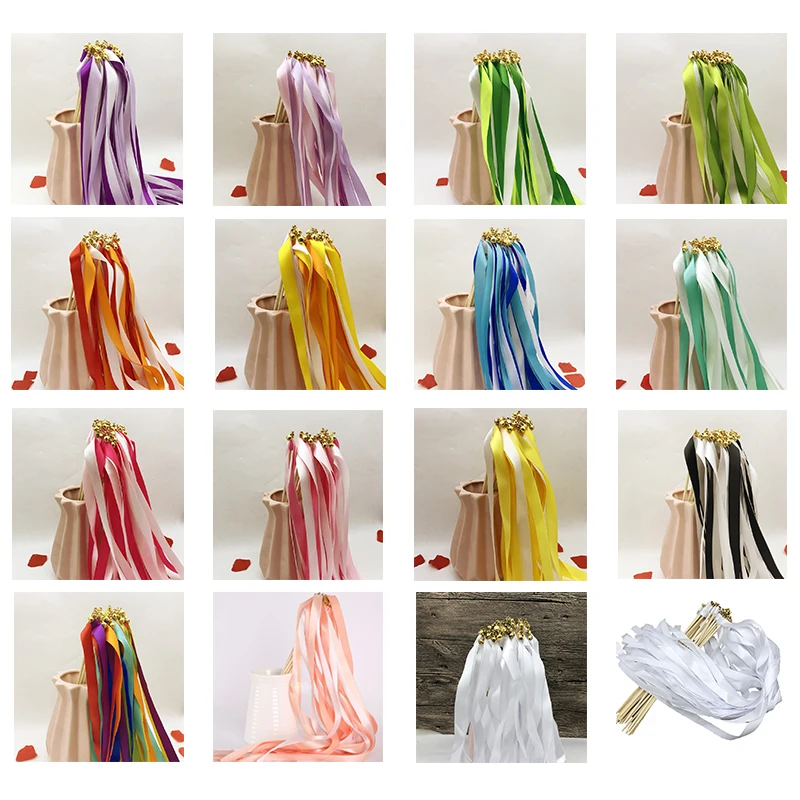 50Pcs Wedding Streamers Sticks Wedding Twirling Ribbon Wand with Bells Lawn Wedding Decoration Happy Birthday Party Accessories