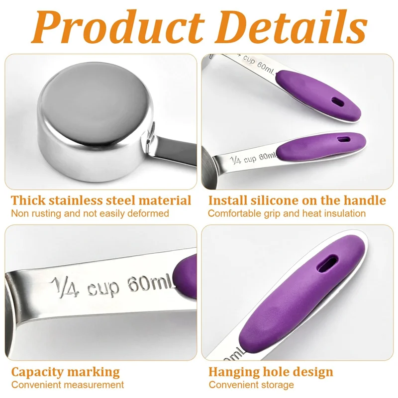 

A20F-10 Pcs1/4 Measuring Cup Stainless Steel Scoop With Silicone Handle Kitchen Gadgets For Coffee Bean Pet Food,Ingredients,Pur