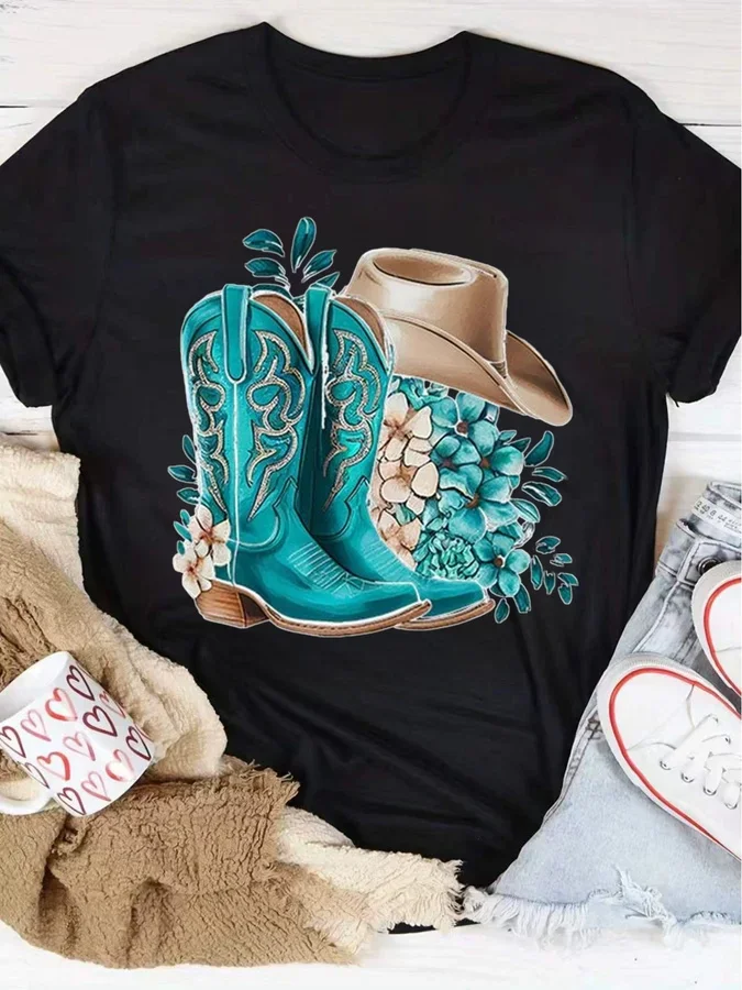 Women Vintage Western Cowgirl Graphic Tee Turquoise Cowboy Boots With Cowboy Hat & Floral Print Crew Neck Short Sleeve Country Casual Black T Shirt