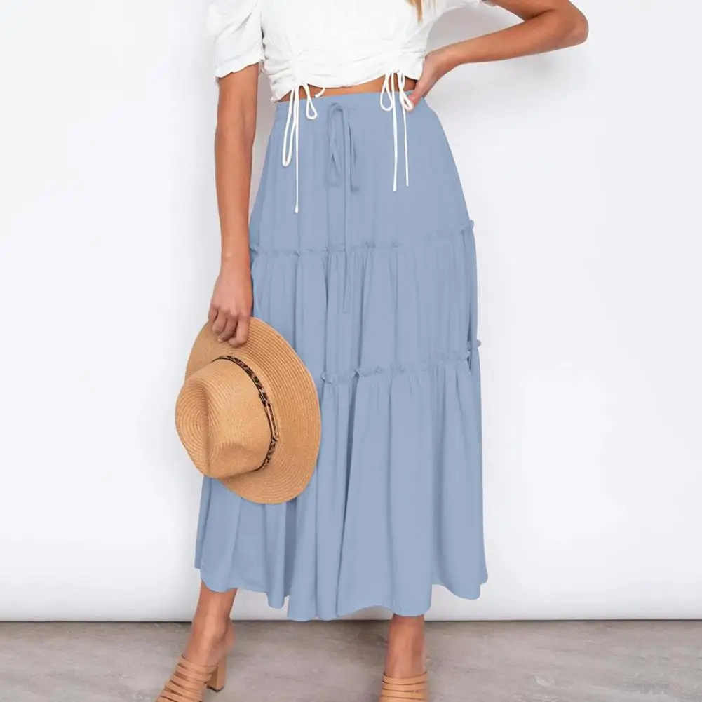 

Women Skirt Solid Color Pleated Design Large Hem Elastic High Waist Streetwear Boho Style A Line Ruffle Swing Beach Maxi Skirt