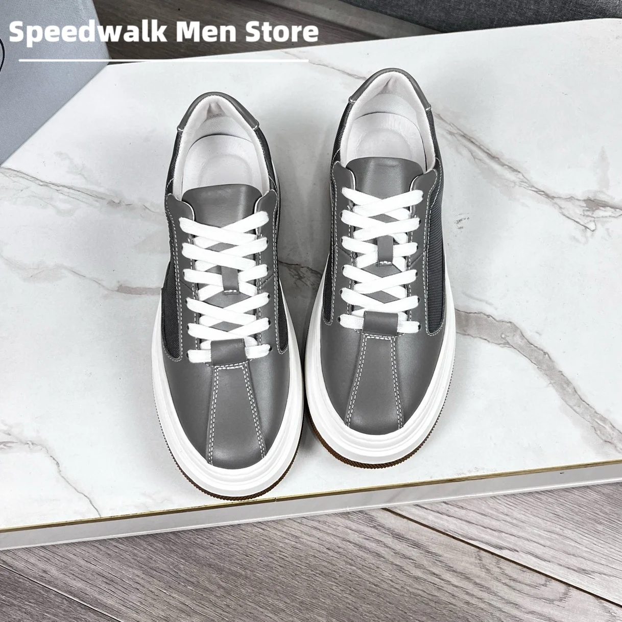 Men Four Seasons Leather Fabric Patch Skate Shoes Thick White Platform Gum Sole Breathable Daily Office Casual Walking Sneakers
