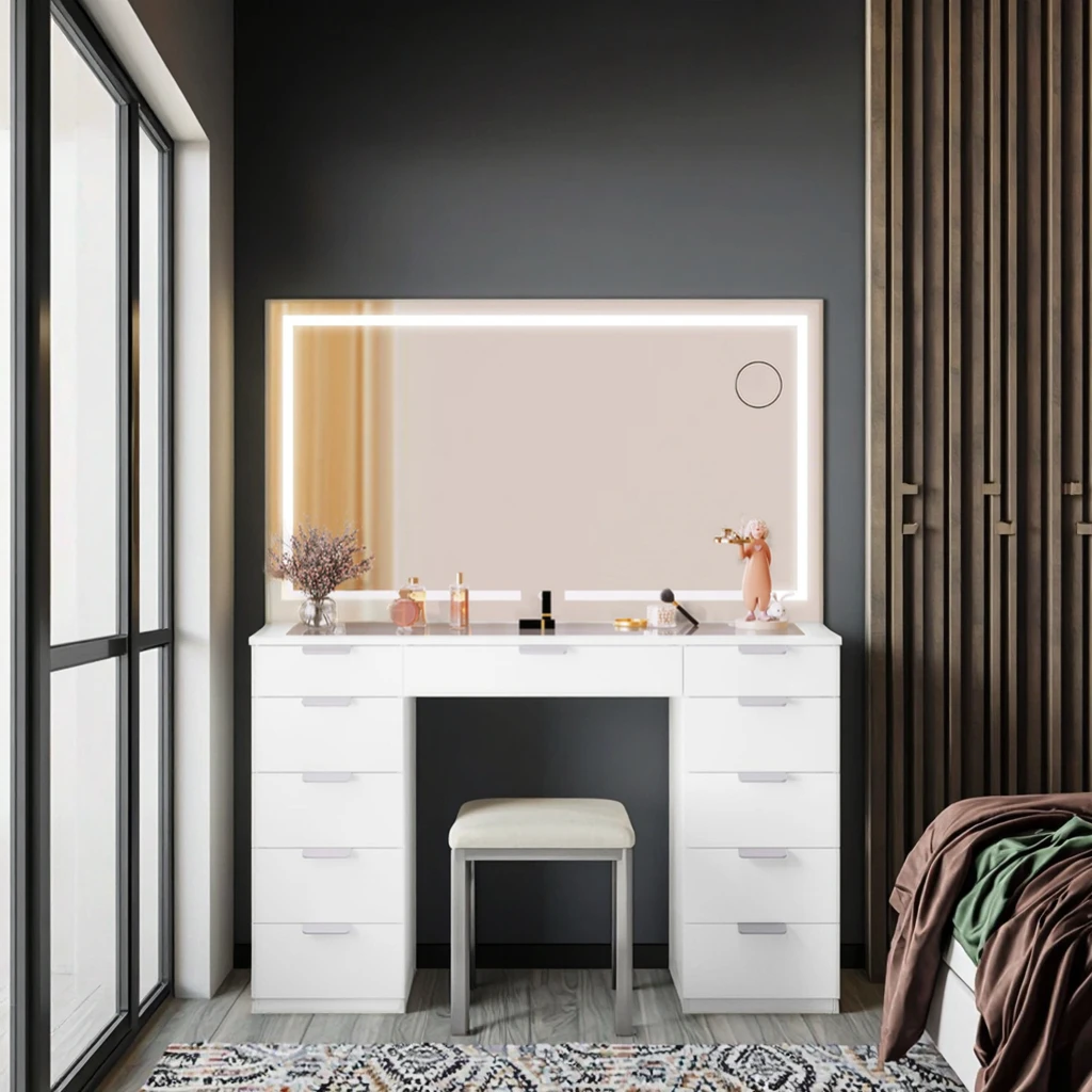 Customized Modern Style Vanity Desk for Children Lighted Mirror Makeup Dressing Table with Storage Furniture Wood Iron Materialp