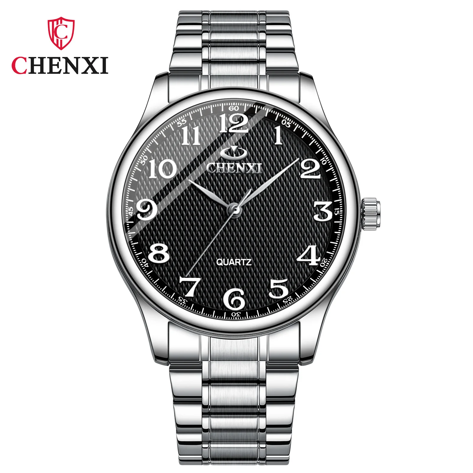 Chenxi นาฬิกาควอตซ์คู่010A เรียบง่ายลำลองแฟชั่นสีเงินสีขาวดำนาฬิกาข้อมือตัวชี้เหล็กสำหรับผู้ชายและผู้หญิงนาฬิกาของขวัญ