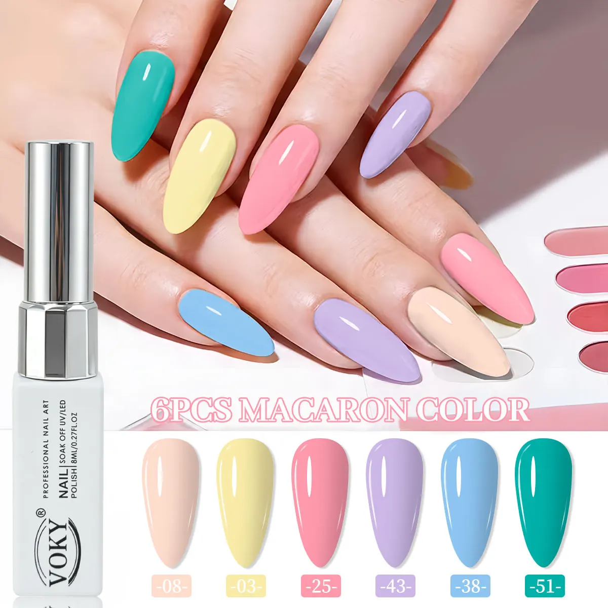 VOKY 6-piece macaron nail polish set, UV LED semi-permanent nail gel, high color rendering and glossy nail polish, easy to apply and long-lasting nail art set, suitable for spring and summer salon DIY, holidays, and daily nail use