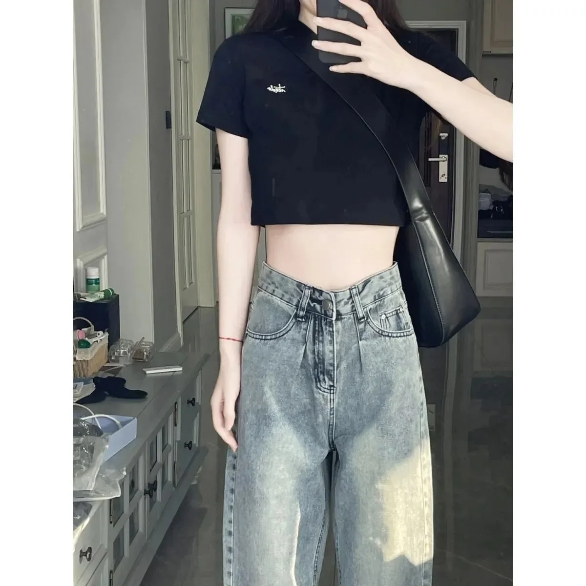 

Женские джинсы с высокой талией, потертые, разрушенные, рваные, с потертым подолом, женские джинсовые модные гранж-автоматные панк-рок, готический эмо