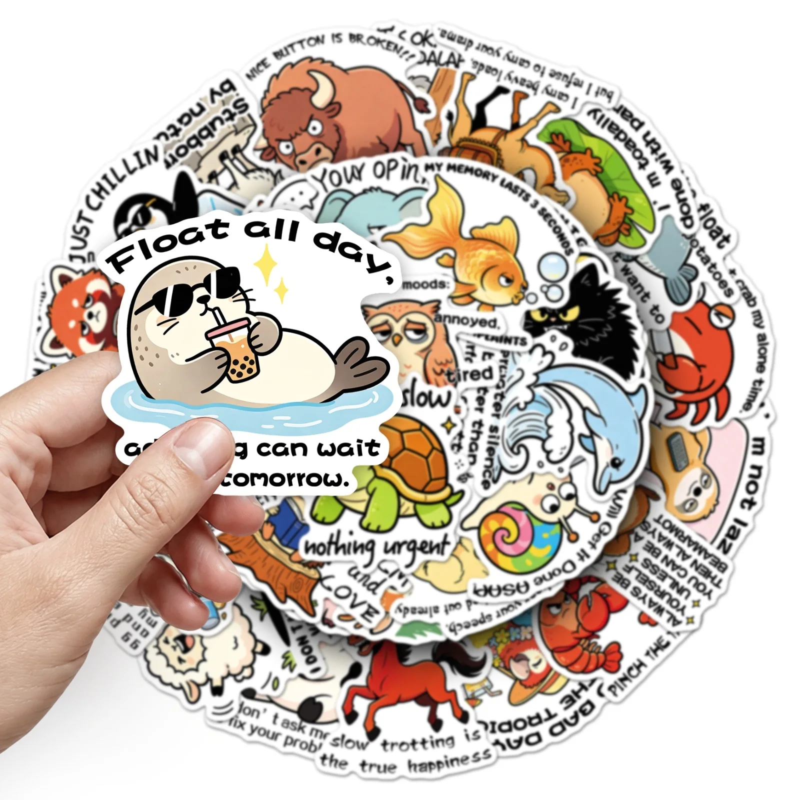 50 PCS Funny Animal Quote & Fun Sentence Waterproof Stickers Student Hand Account Material Decorate Scrapbook Pencil Case Decals