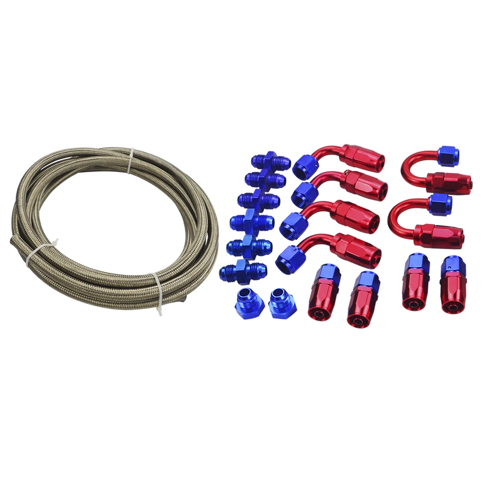 LIZHI RACING - AN-6 STEELNESS/STEEL BRAIDED 5M AN6 STAINLESS OIL/FUEL OIL LINEline + Hose End Adaptor KIT + AN6 Port PLUG