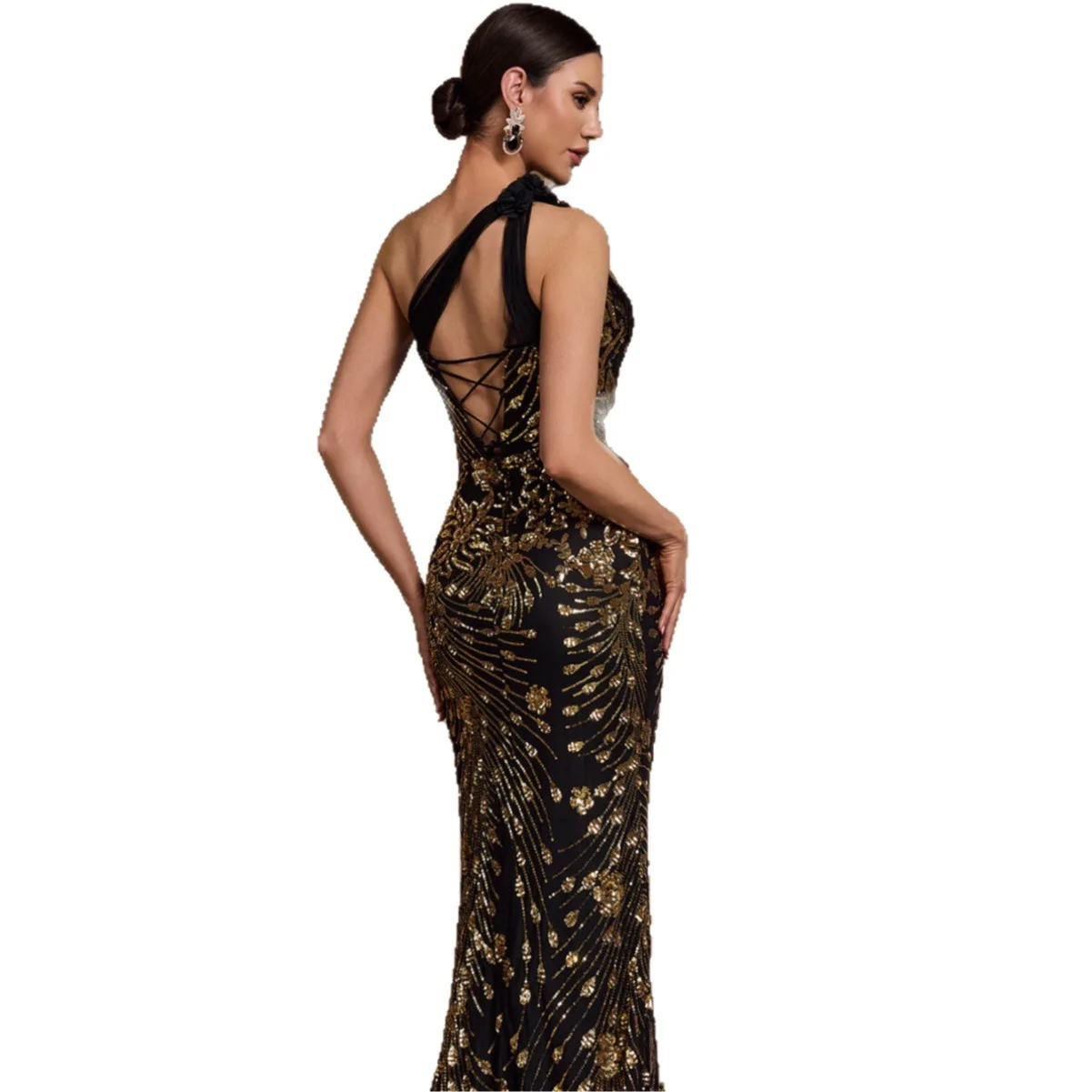 Long European and American Elegant Oblique Shoulder Cocktail Party Dinner Dress Luxury Split Bridesmaid Graduation Dress