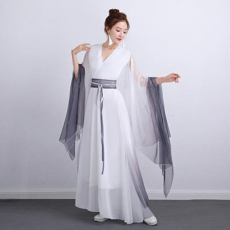 Traje de actuación de escenario de baile para mujeres y niños, vestido Hanfu chino tradicional blanco y gris, disfraz de princesa de hadas antiguas, elegante