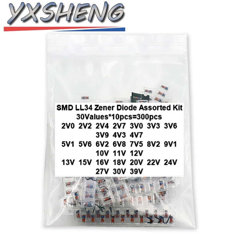 300PCS/Set 1/2W SMD LL34 Zener Diode Assorted KIT 0.5W 2V-39V 30Values*10pcs DIY Sample Sets