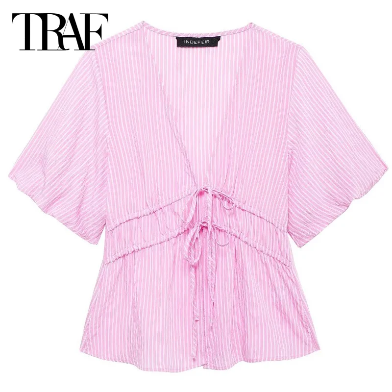 TRAF Shirts & Blouses Women's Summer Shirts 2024 Stripe Pink Short Sleeve Blouse With Ties Light Woman Shirt Casual Lady Blouses