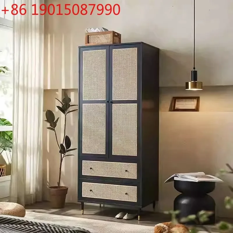 

Nordic solid wood rattan double door small apartment household ash wood storage large wardrobe retro whole hanging cabinet