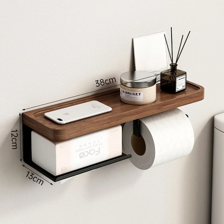 

Toilet Paper Holder with Black Walnut Shelf for Bathroom Wall Mounted Toilet Paper Tissue Holder Black Phone Double