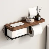 Toilet Paper Holder with Black Walnut Shelf for Bathroom Wall Mounted Toilet Paper Tissue Holder Black Phone Double