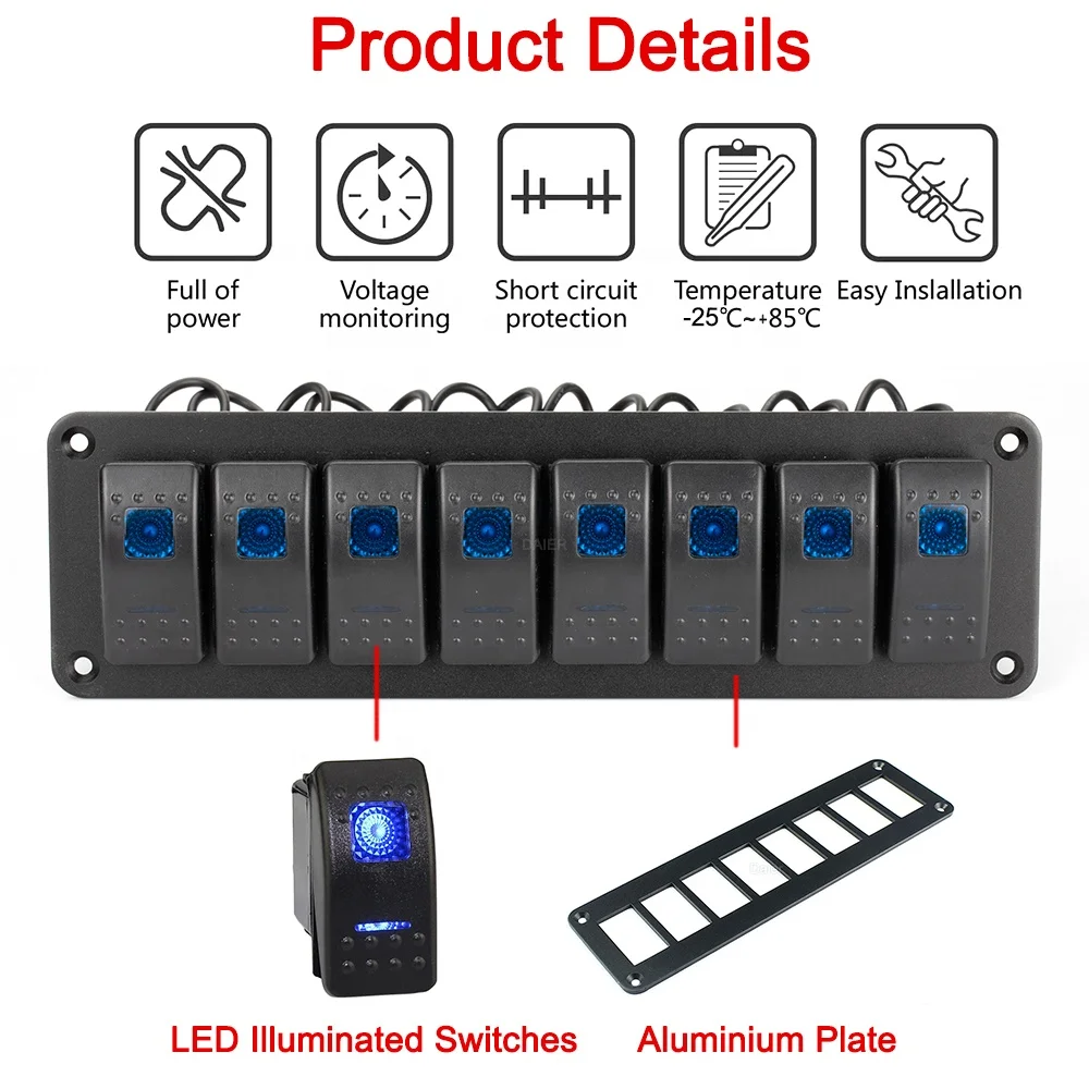 Waterproof 8 Gang Auto Carling Marine Aluminum Rocker Switch Panels 12V with Blue LED Light for Boat RV Truck Camper Vehicles