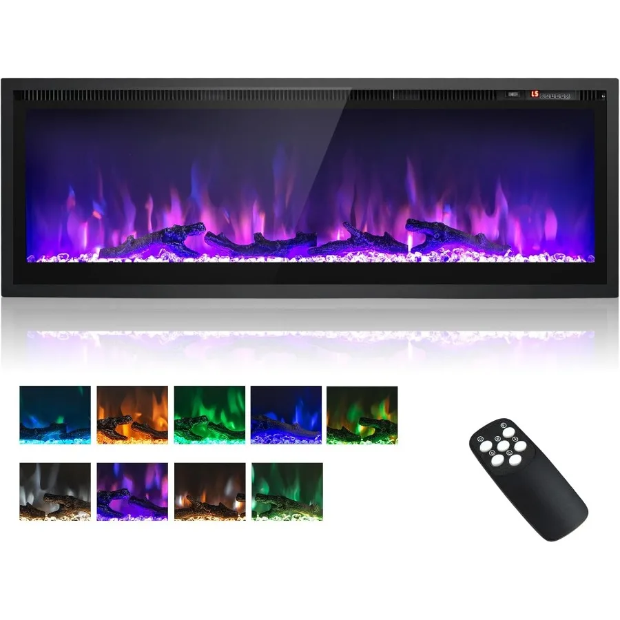 

50 электрических камина, встраиваемый настенный отдельно стоящий линейный каминный обогреватель, 9 цветов пламени, 5, регулируемая яркость, пульт дистанционного управления