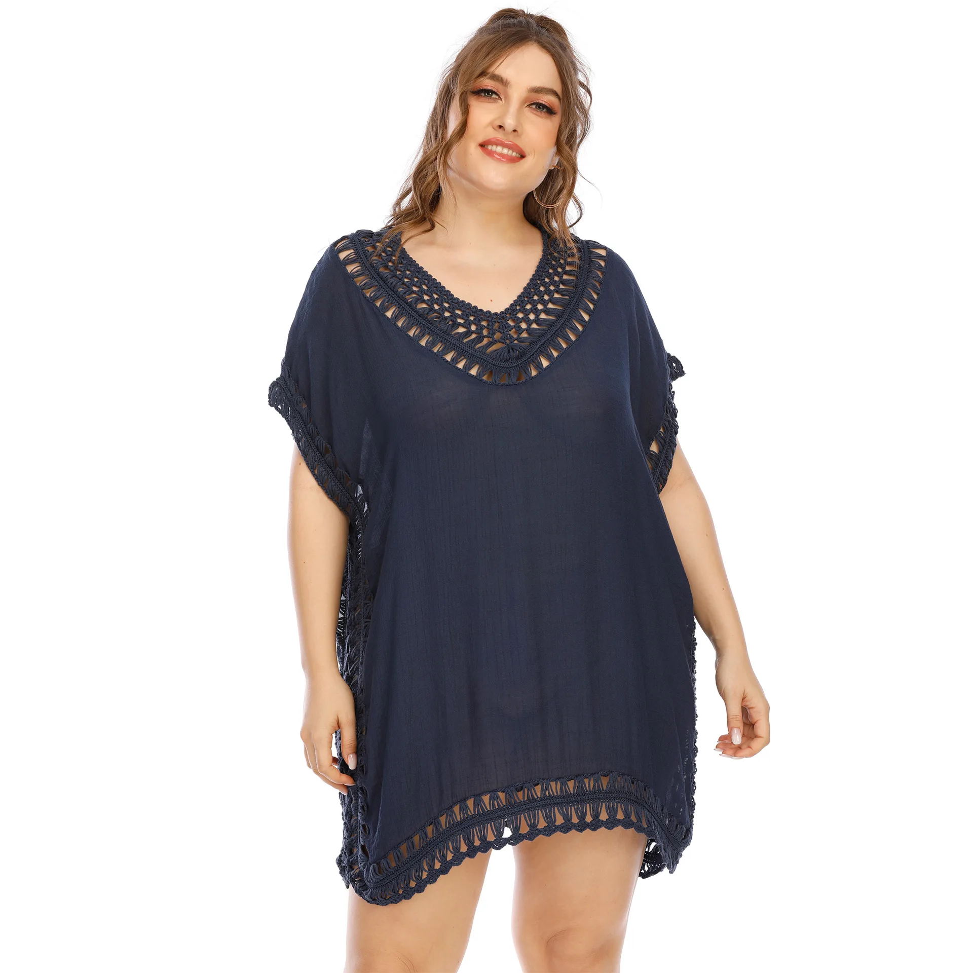 Plus Size Multi-color Crochet Fringed Beach Dress V Neck Hollow out Women's Swimsuit Cover up Oversize Summer Beachwear