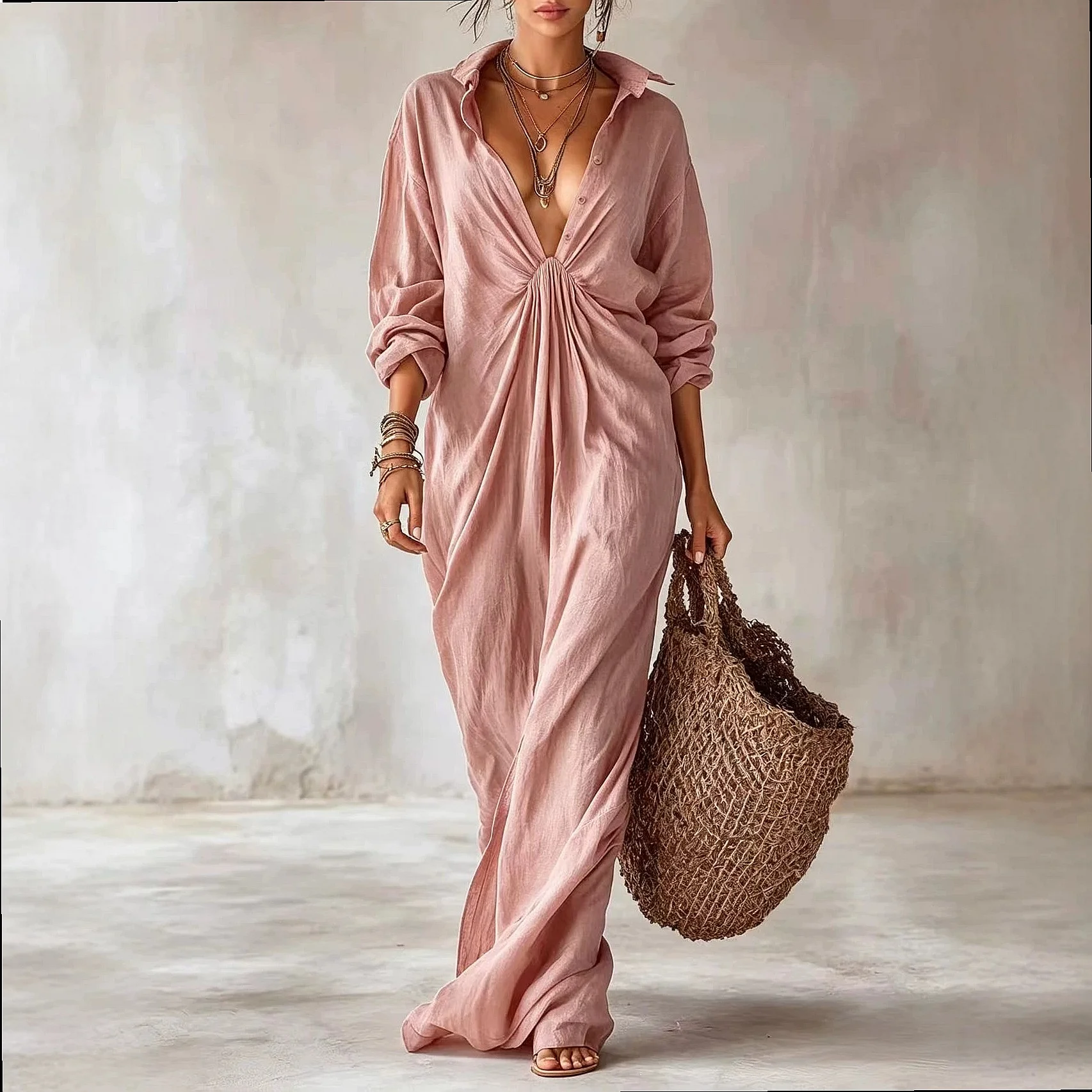 Shirt Dress Relaxed Linen Blend Long Sleeve Straight Dresses Spring Summer