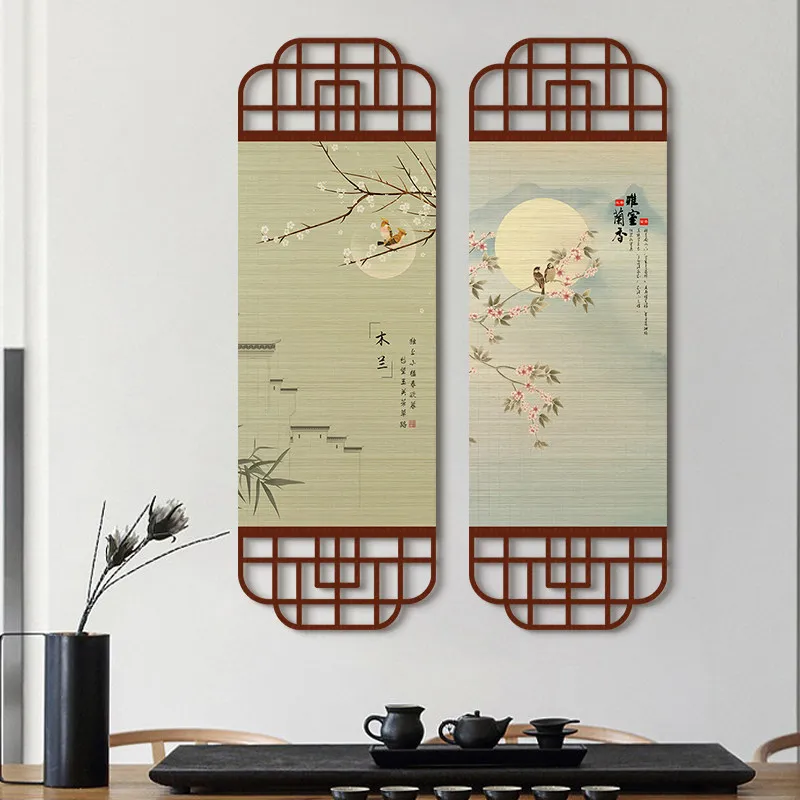 Bamboo Mat Wall Hanging Chinese Blooming Prosperity Floral Art Birds and River Boat for Tea Room and Entryway Decor