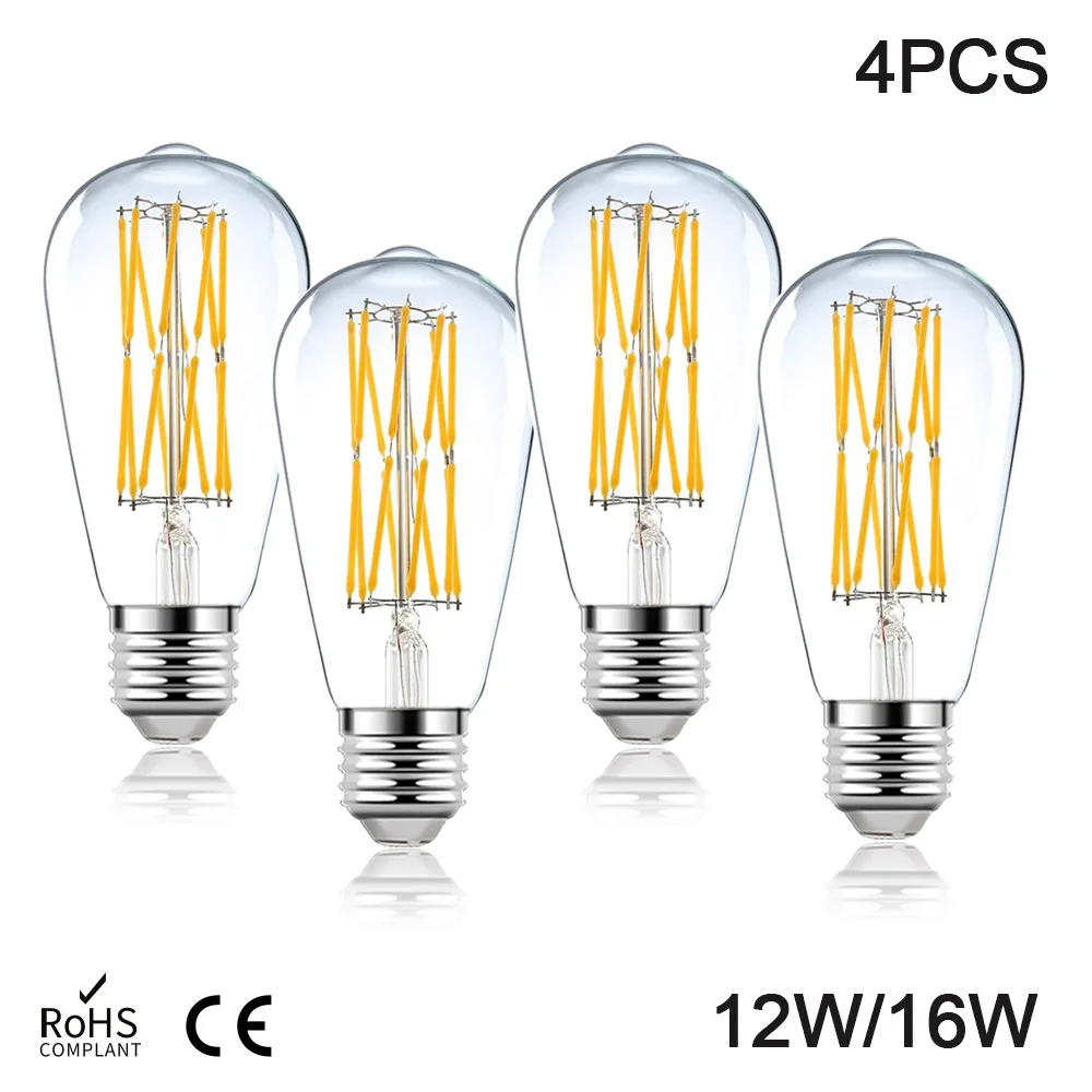 4 יחידות E27 נורת פילמנט LED רטרו אדיסון ST64 12W 16W 85-265V נורת אור לבן חם לבן טבעי 4500K נורת אור דקורטיבית