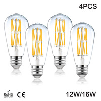 4pcs E27 Retro Edison LED Filament Bulb ST64 12W 16W 85-265V Light Bulb Warm White Natural White 4500K Bulb Decorative Light