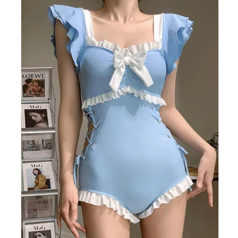 

Contrast Color Bowknot Swimsuit Women Hollow Out Lace Up Spliced Ruched High Waist Bathing Suit Rompers Fashion Casual Beachwear