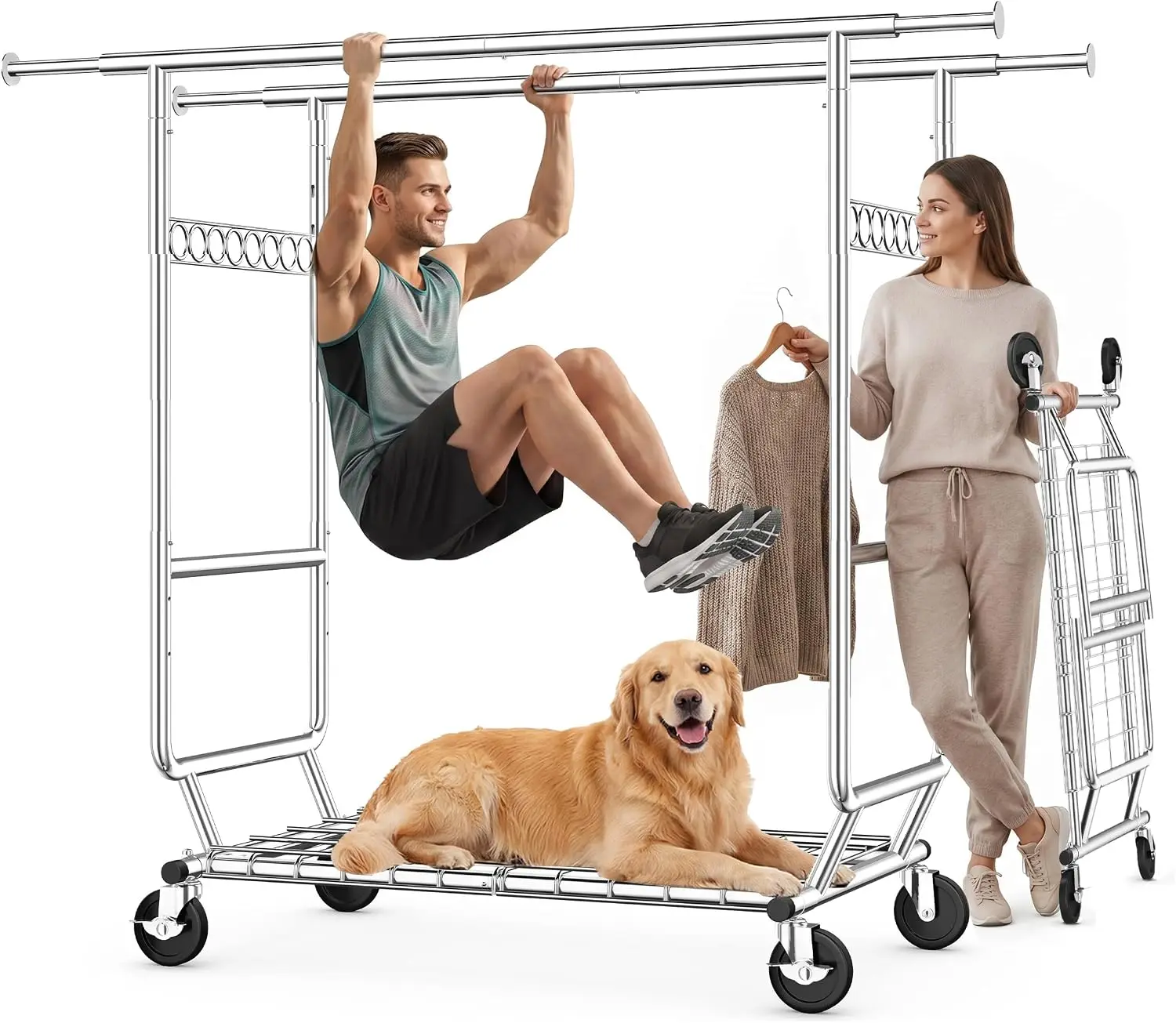 HOKEEPER Clothes Rack Heavy Duty Clothing Rack Load 650 LBS Collapsible Garment Rack with Wheels Double Rod Clothes Rack for Hanging Clothes Commercial Portable Closet Rack with Shelves 22