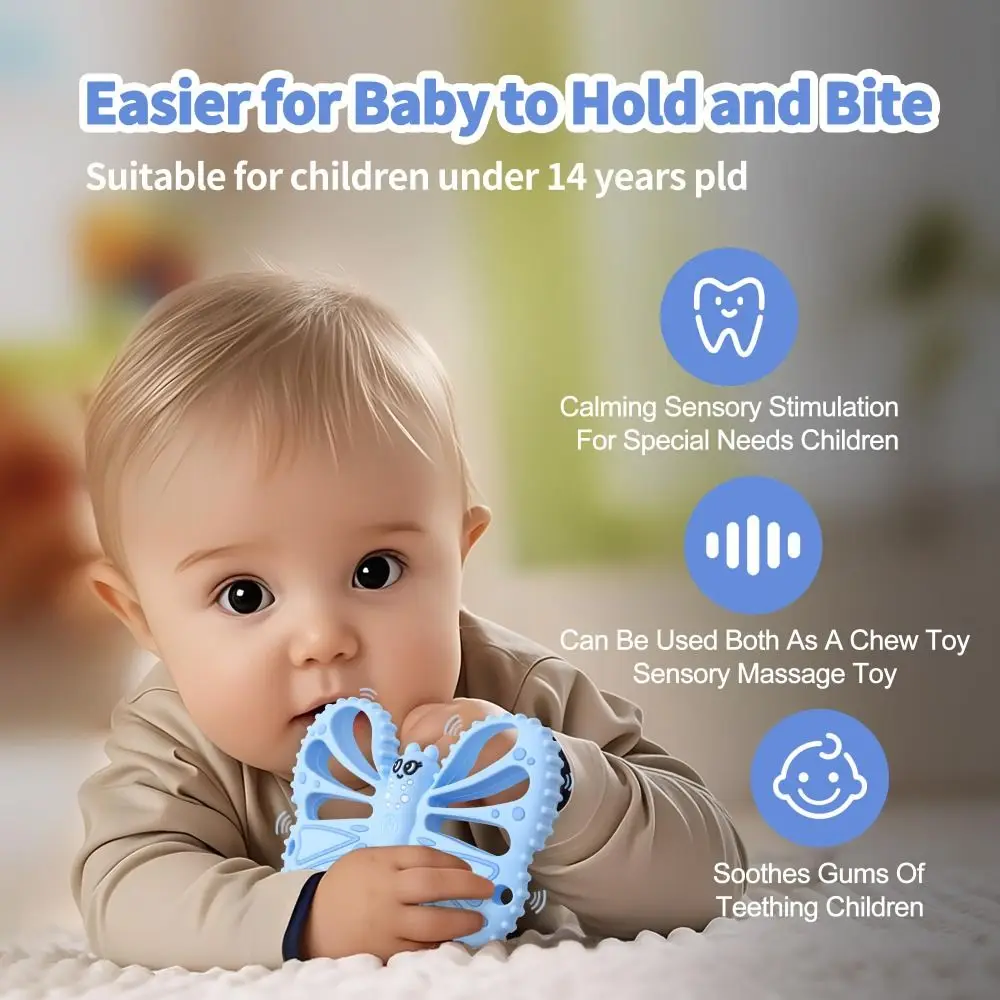 عضاضة تهتز على شكل فراشة من السيليكون بدرجة الطعام، أوضاع اهتزاز 10 سرعات، حسية مضغية ناعمة مع عضاضة للتحكم عن بعد #4