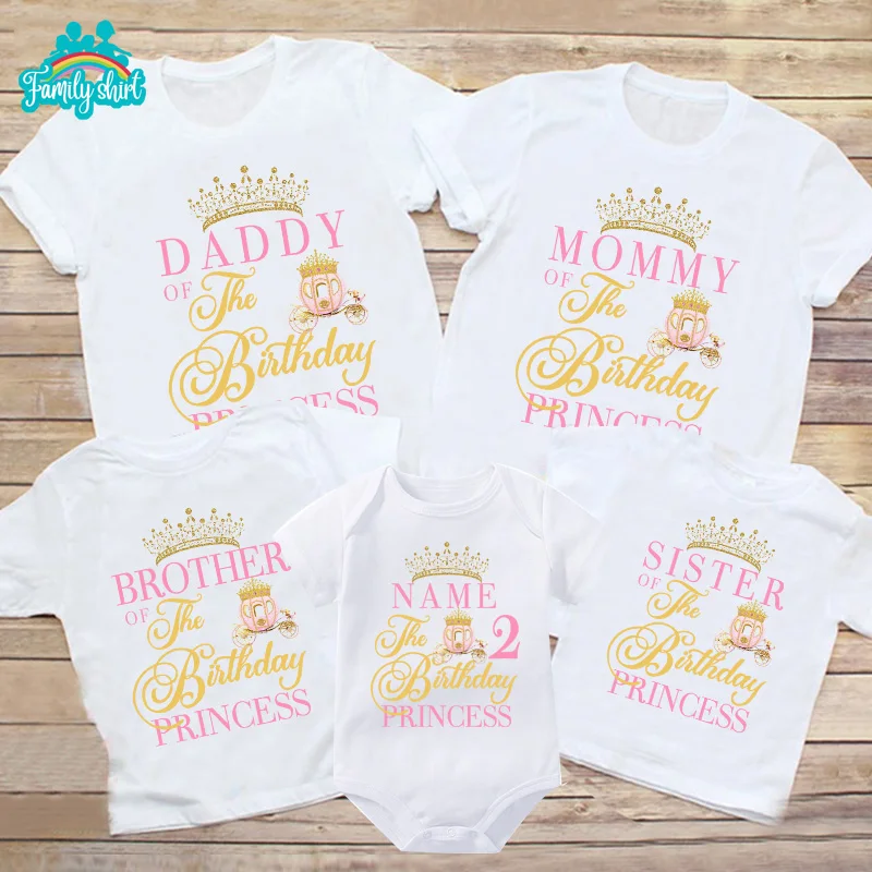 Princesses T Shirt Family Gift Birthday Shirt Carriage Crown Party Custom Name TShirt Girls Children Clothes Daddy Mommy Outfits