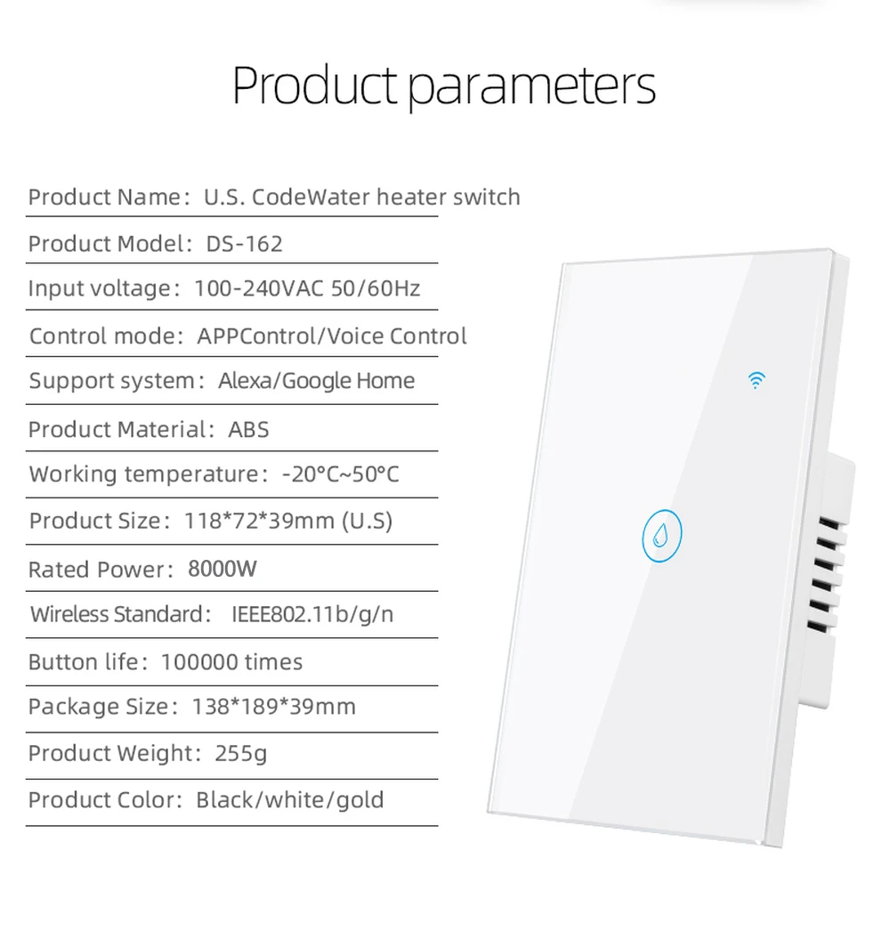 Interruttore intelligente della caldaia Wifi 40A 8000W interruttori dello scaldabagno ad alta potenza Tuya EU/US Standard Luxuray Glass Touch Timer