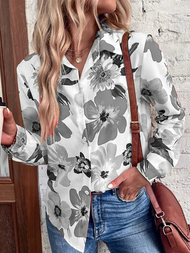 Casual Women Turn Down Collar Blouse Spring Autumn Femme Elegant Long Sleeve Top 2022 Loose Streetwear Open Stitch Shirt Blusa