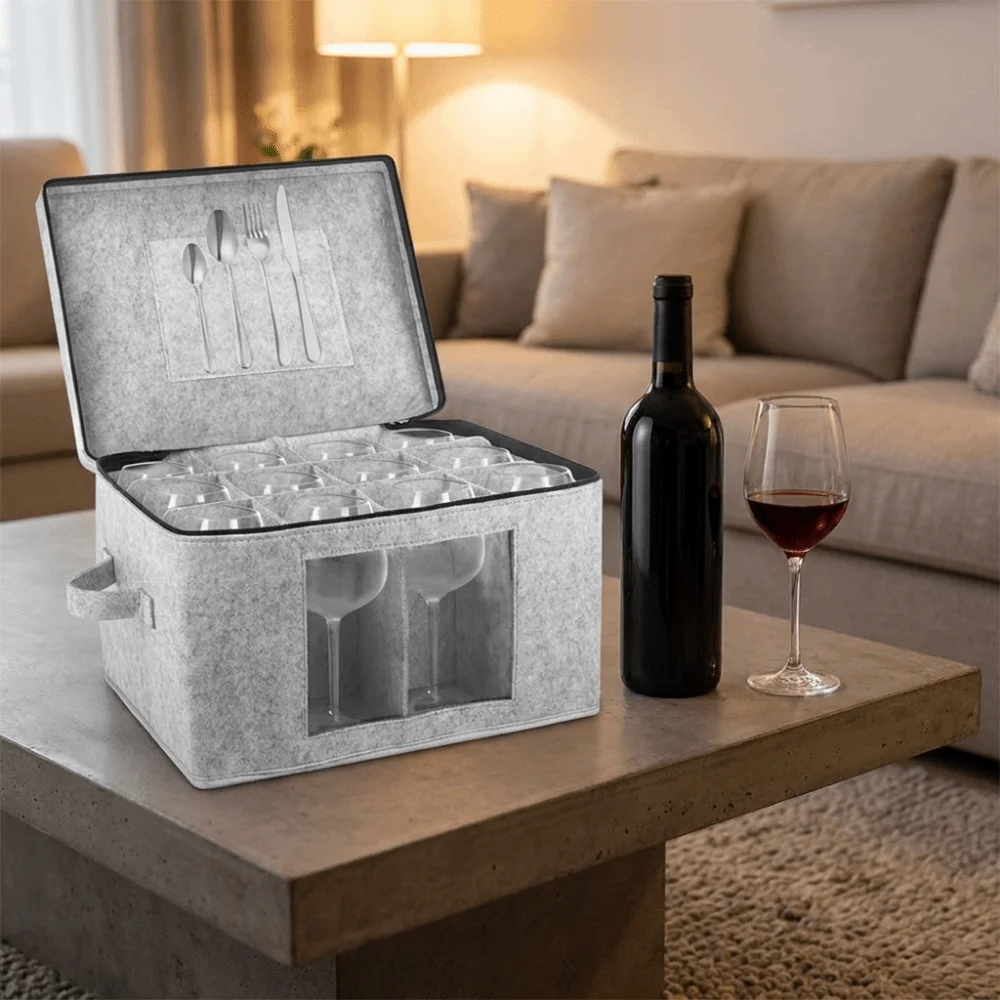 Felt Wine Glass Storage Box Hard Shell Folding Stemware Storage Container with Lid Dust-proof Wine Glass Display Case Moving