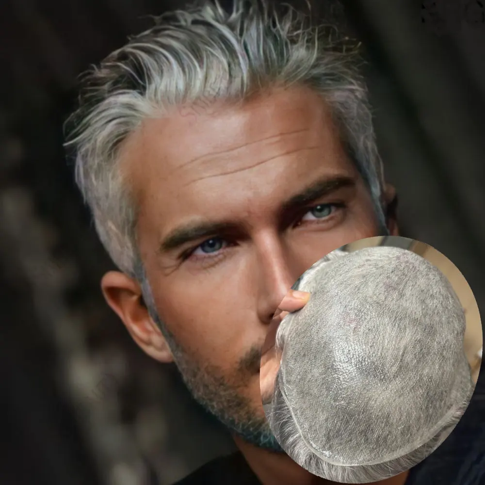 

Неподдельная натуральная линия роста волос, 80% плотность, натуральные человеческие волосы 1B80 210 # Серо-коричневый парик-накладка для мужчин, сверхтонкий, 0,02 мм, легкий