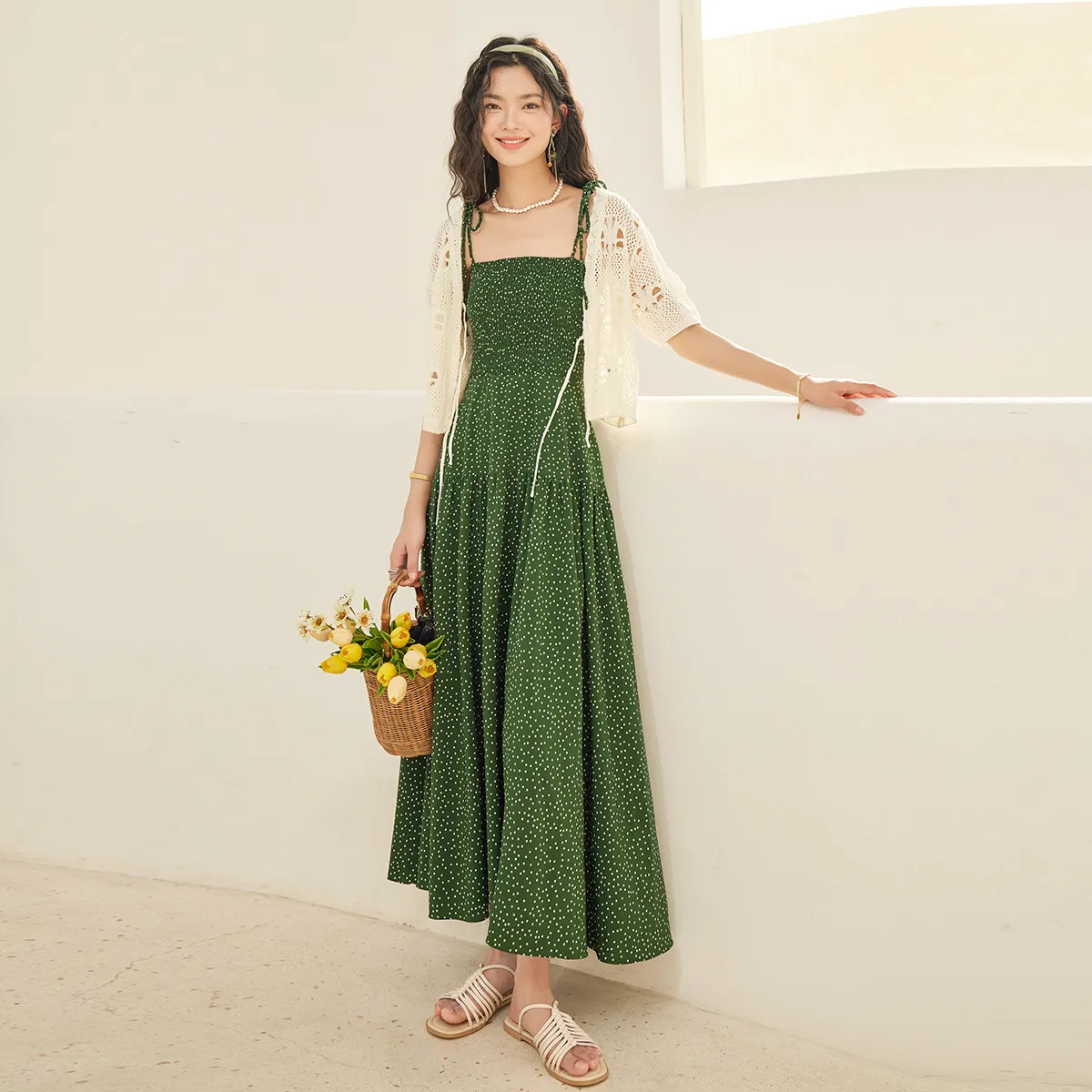 Spring and Summer Retro Forest Color Patterned Striped Bralette Dress with High Waist and Wide A-line Skirt - 2026 New Style