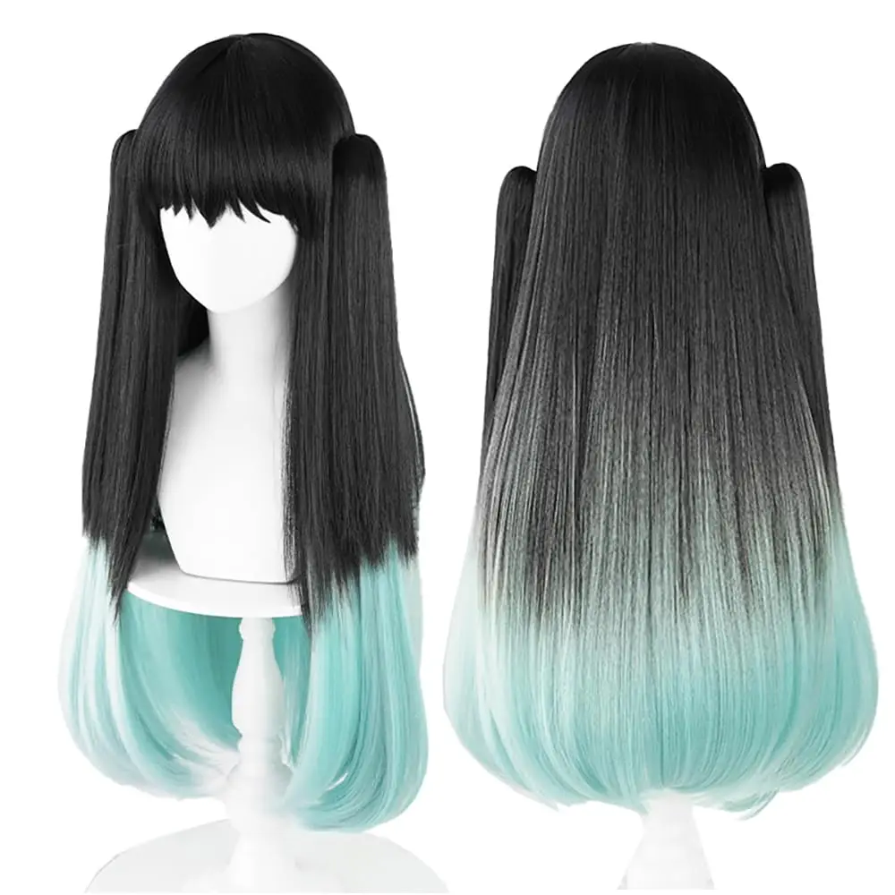 Anime Tokitou Muichirou Cosplay Wig Kisatsutai Tokitou Muichirou Wig Black Gradient Green